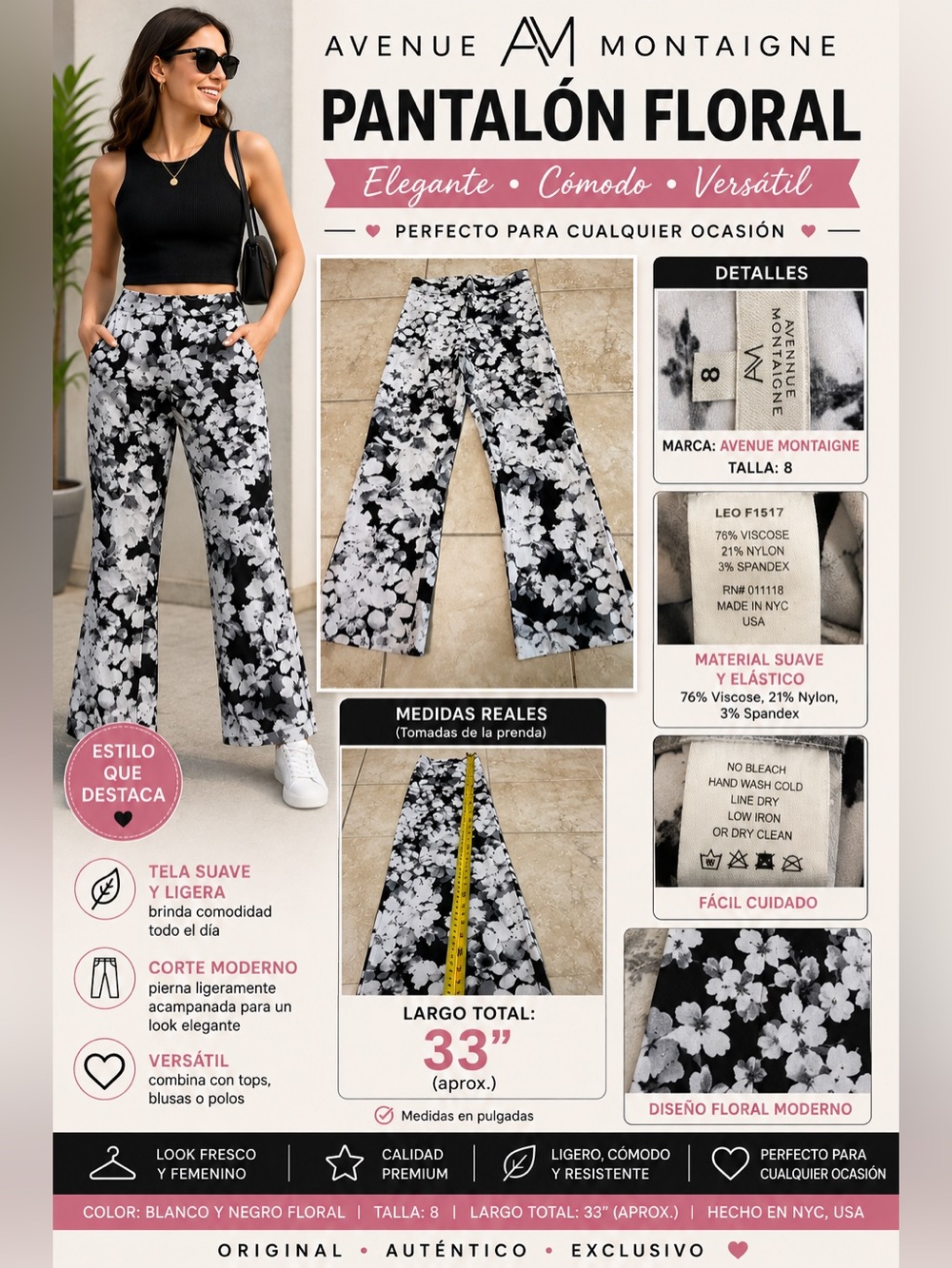 Avenue Montaigne Women’s Floral Pants Size 8 Black White Wide Leg Stretch